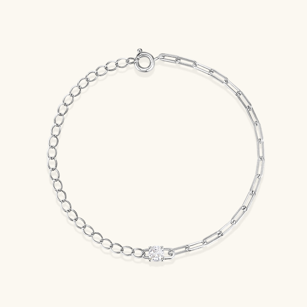 Diamond Cable and Paperclip Chain Bracelet - Silver