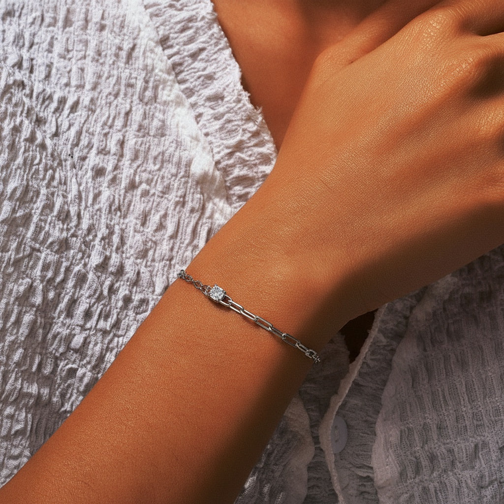 Diamond Cable and Paperclip Chain Bracelet - Silver