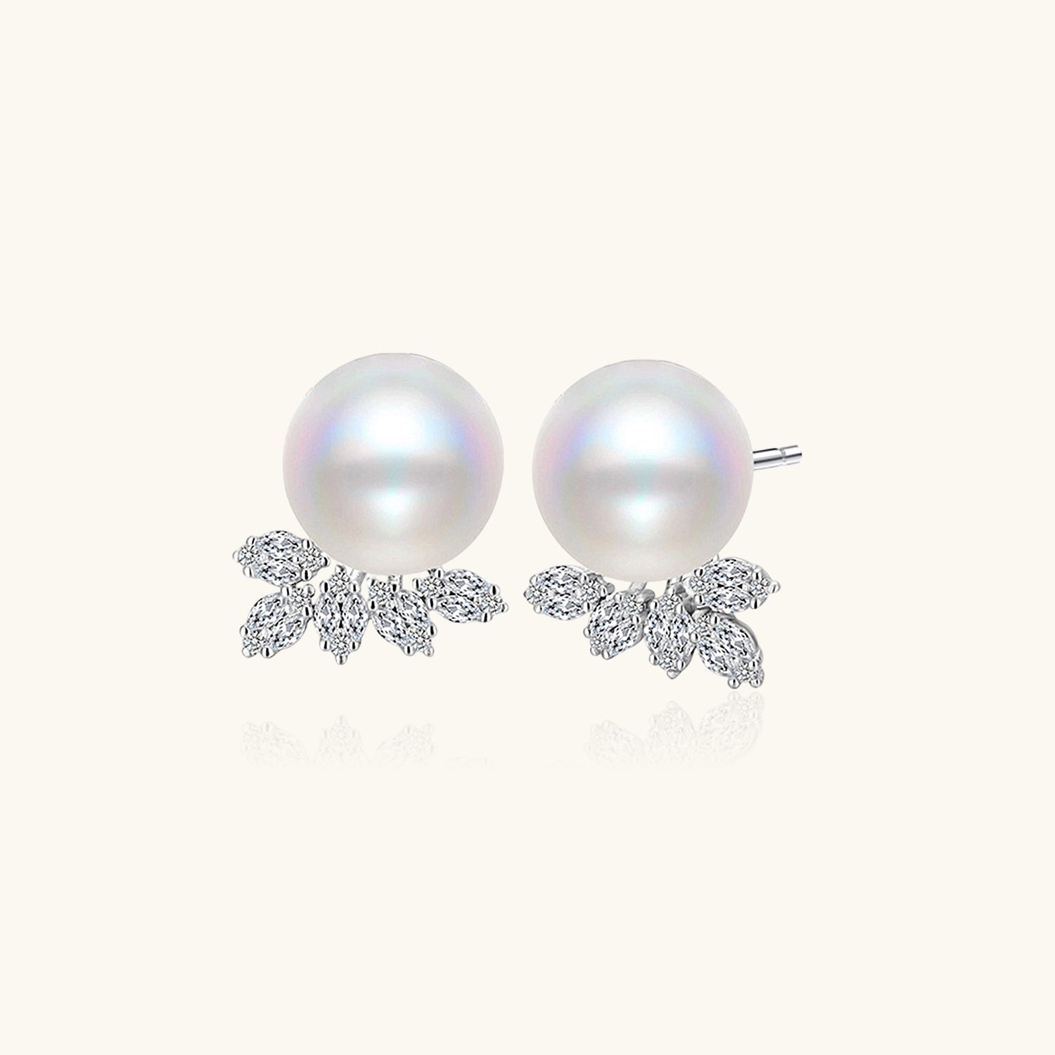 Diamond Cluster Pearl Stud Earrings - Silver