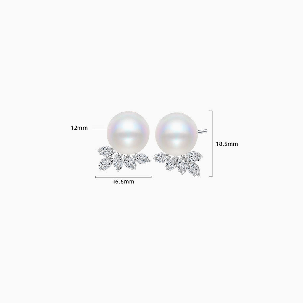 Diamond Cluster Pearl Stud Earrings - Silver