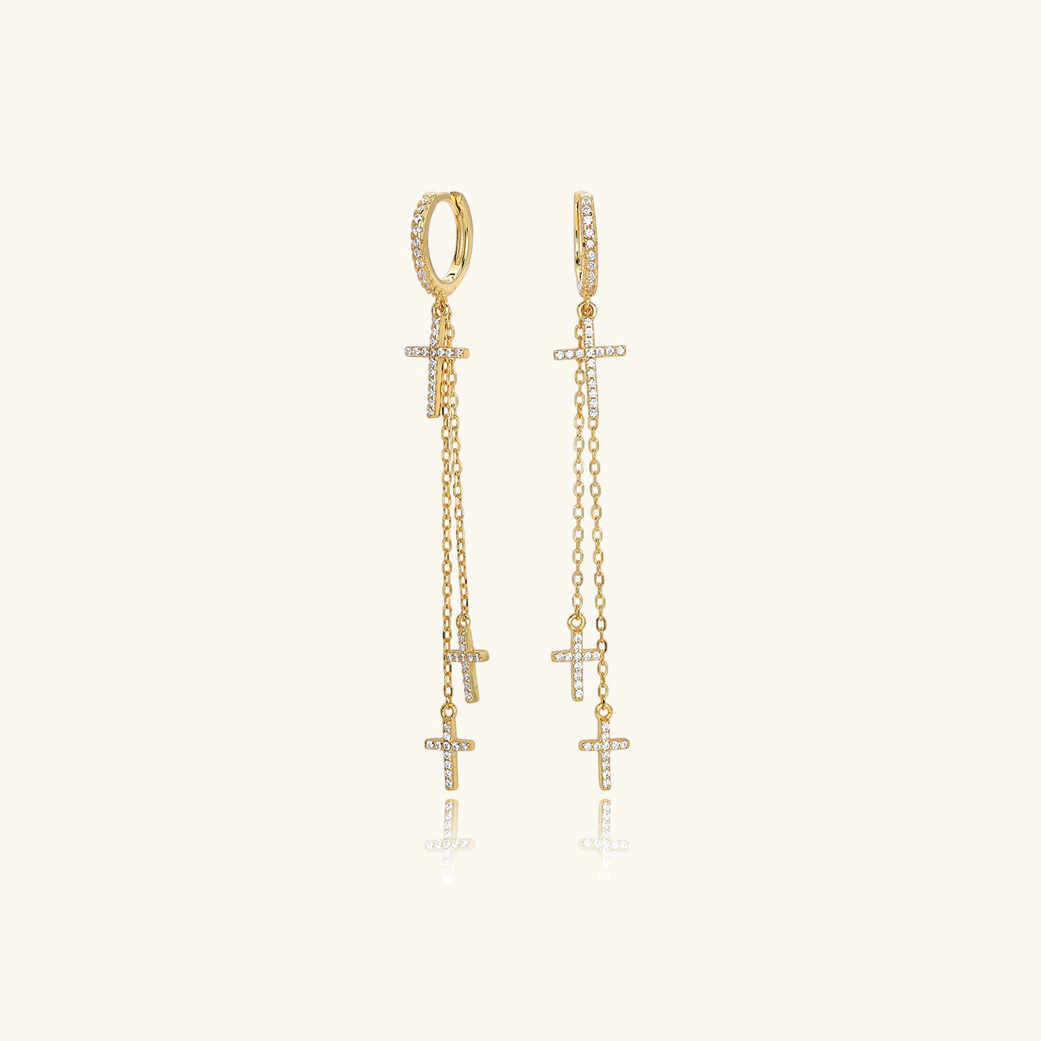 Diamond Cross Chain Drop Earrings - Gold