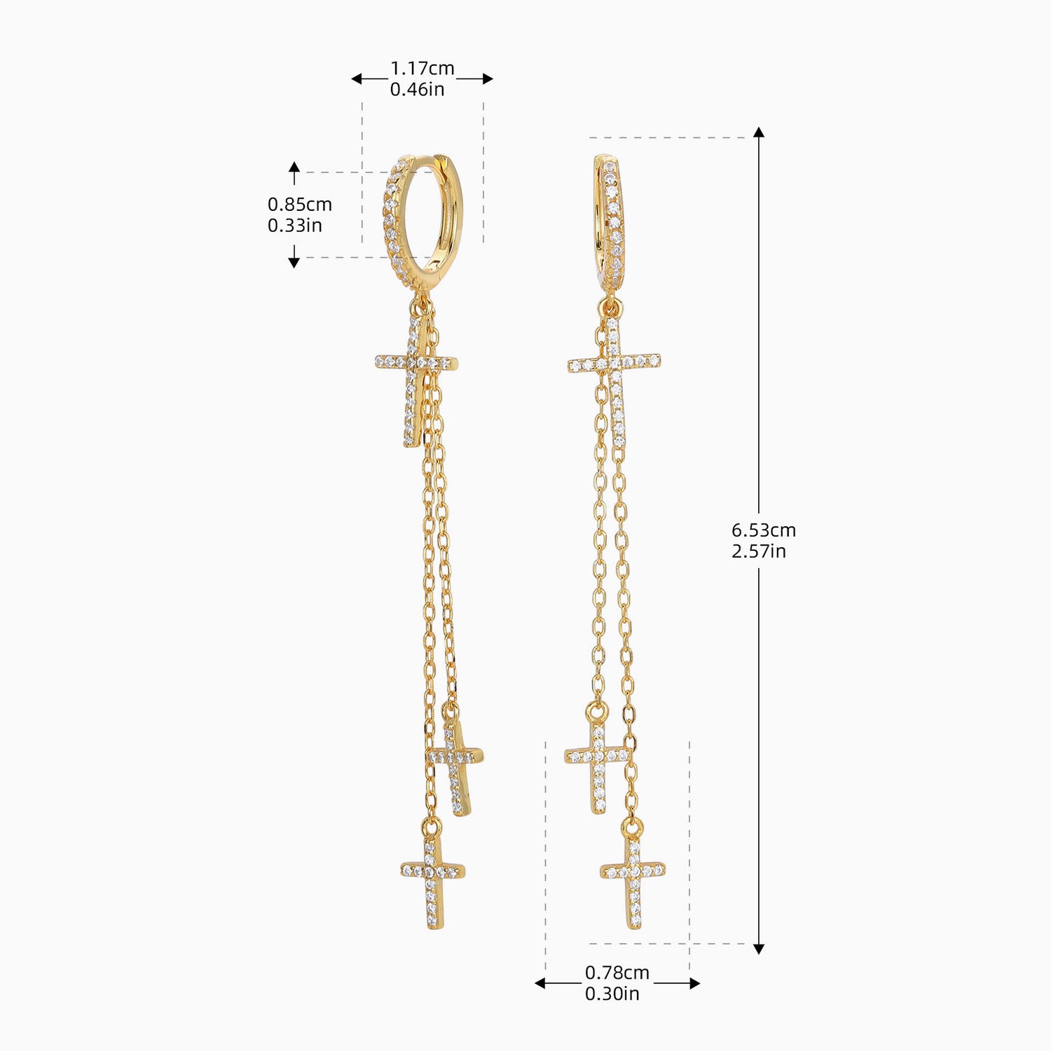 Diamond Cross Chain Drop Earrings - Gold
