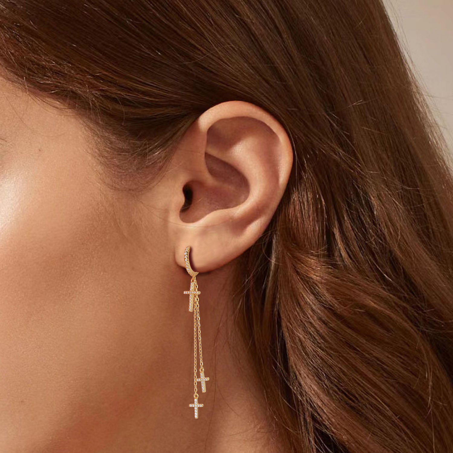 Diamond Cross Chain Drop Earrings - Gold