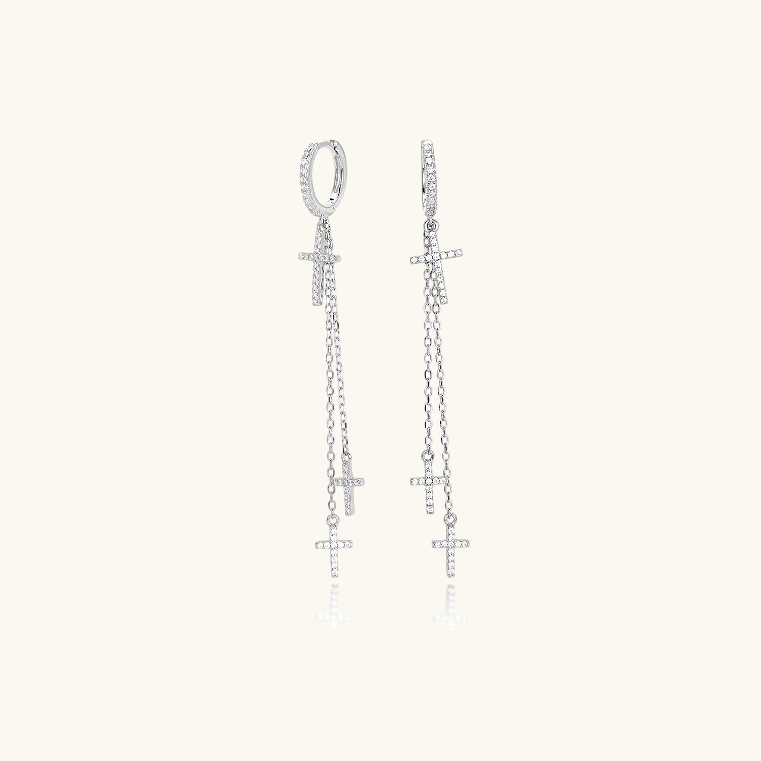 Diamond Cross Chain Drop Earrings - Silver