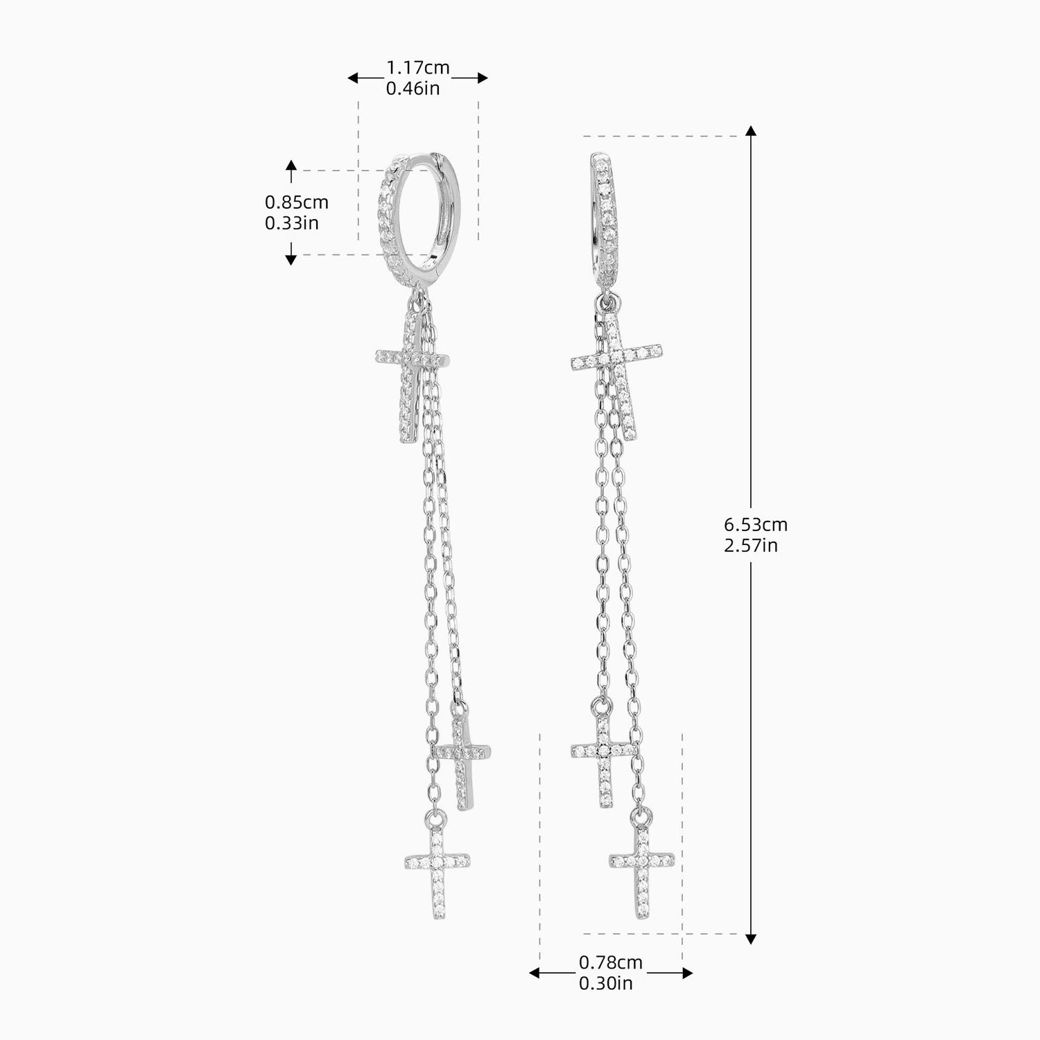 Diamond Cross Chain Drop Earrings - Silver