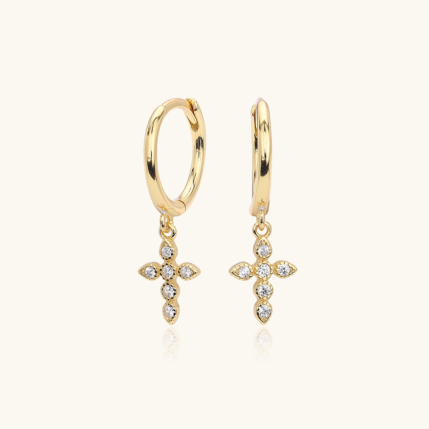 Diamond Cross Drop Huggie Hoop Earrings - Gold