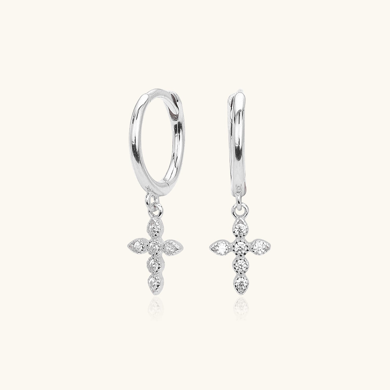 Diamond Cross Drop Huggie Hoop Earrings - Silver