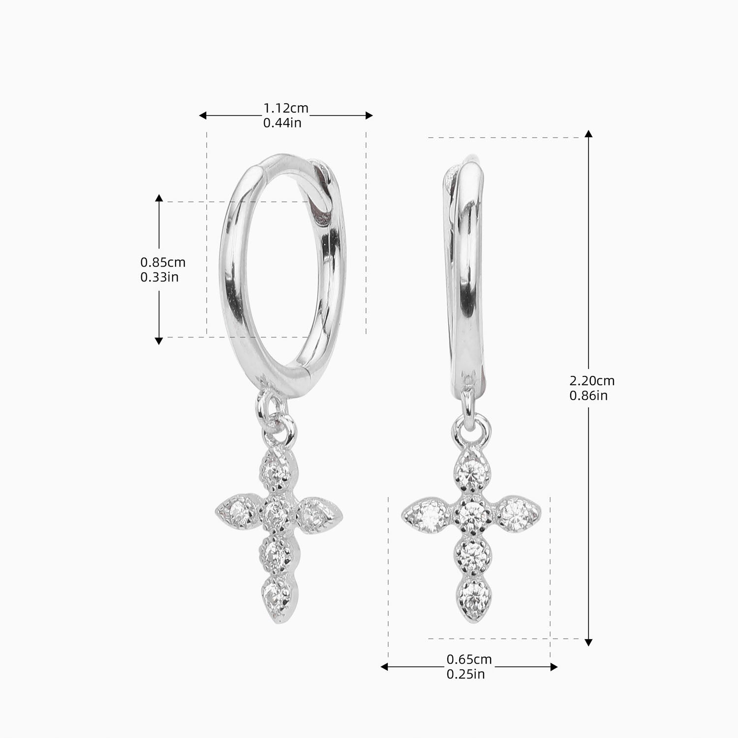 Diamond Cross Drop Huggie Hoop Earrings - Silver