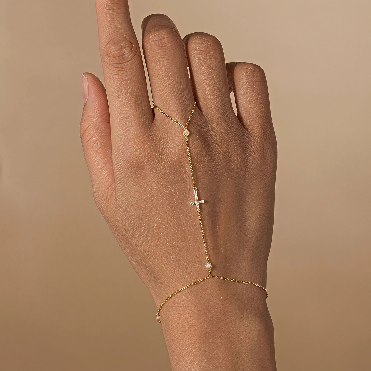 Diamond Cross Hand Chain Bracelet - Gold