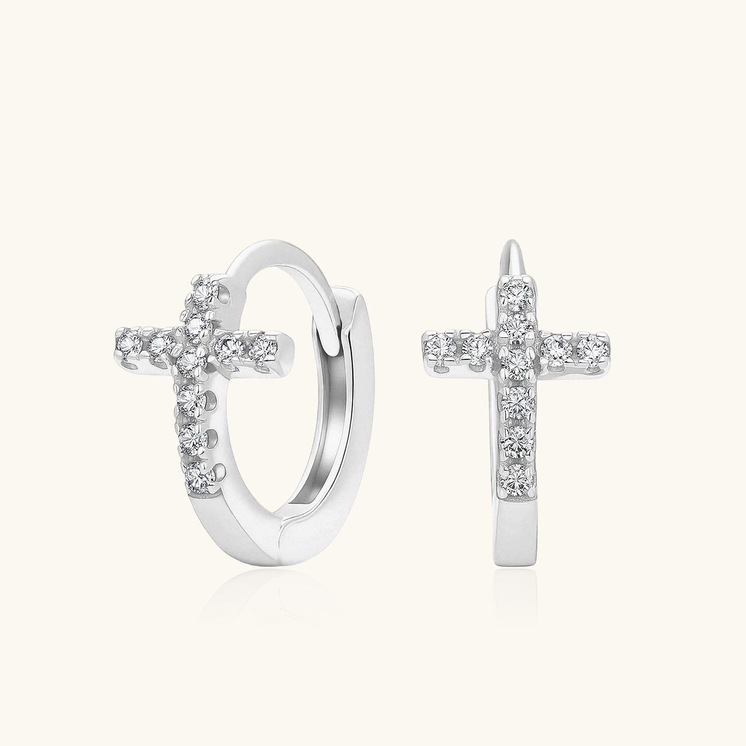 Diamond Cross Huggie Hoop Earrings - Silver