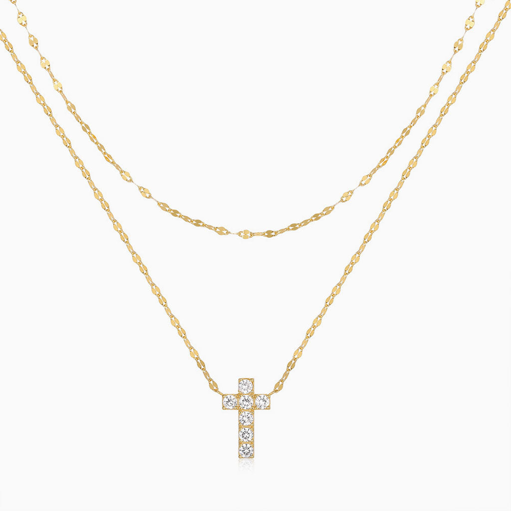 Diamond Cross Layered Necklace - Gold