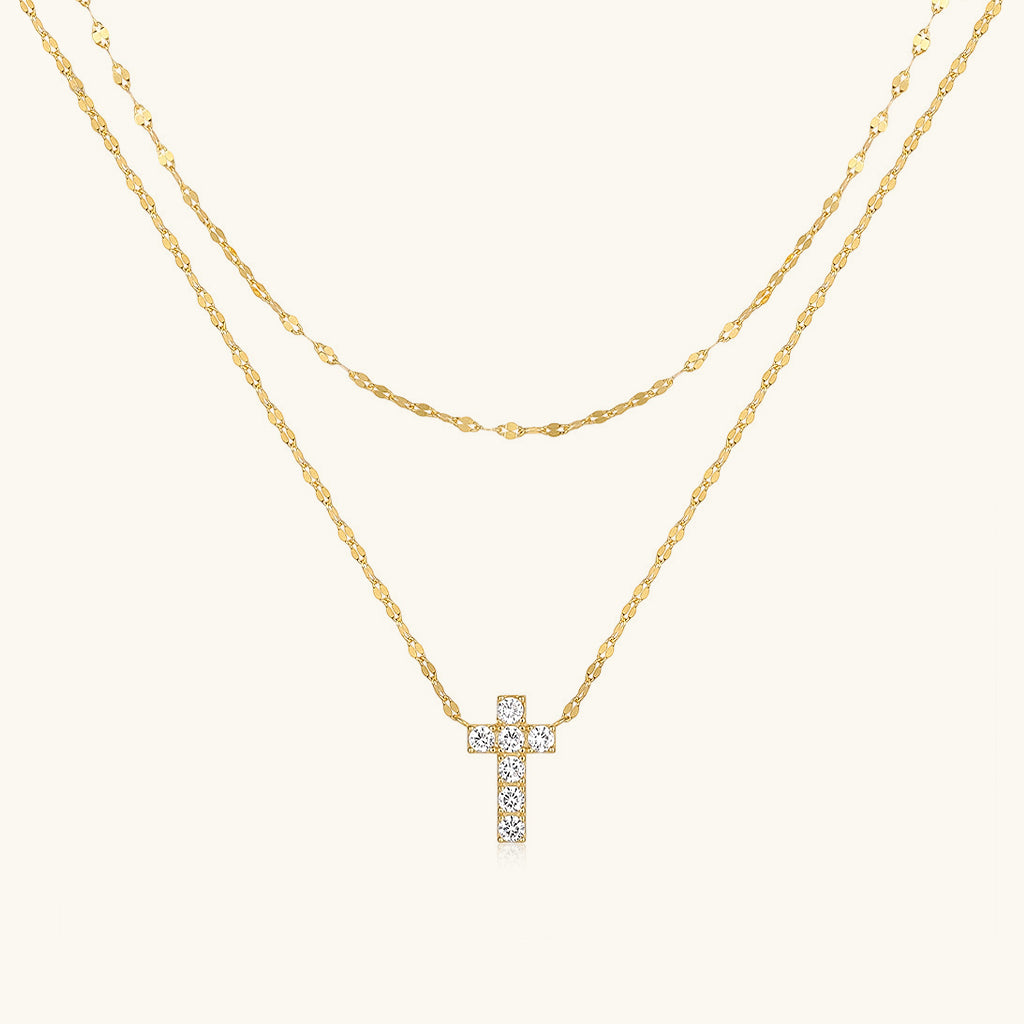 Diamond Cross Layered Necklace - Gold