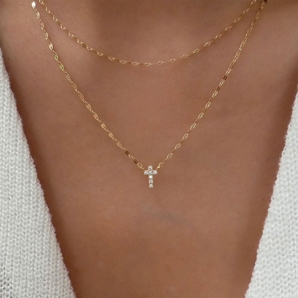Diamond Cross Layered Necklace - Gold