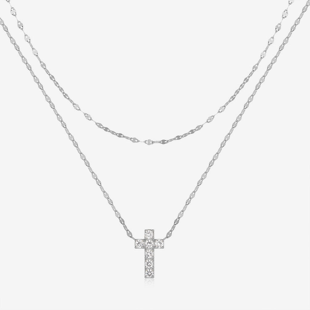 Diamond Cross Layered Necklace - Silver