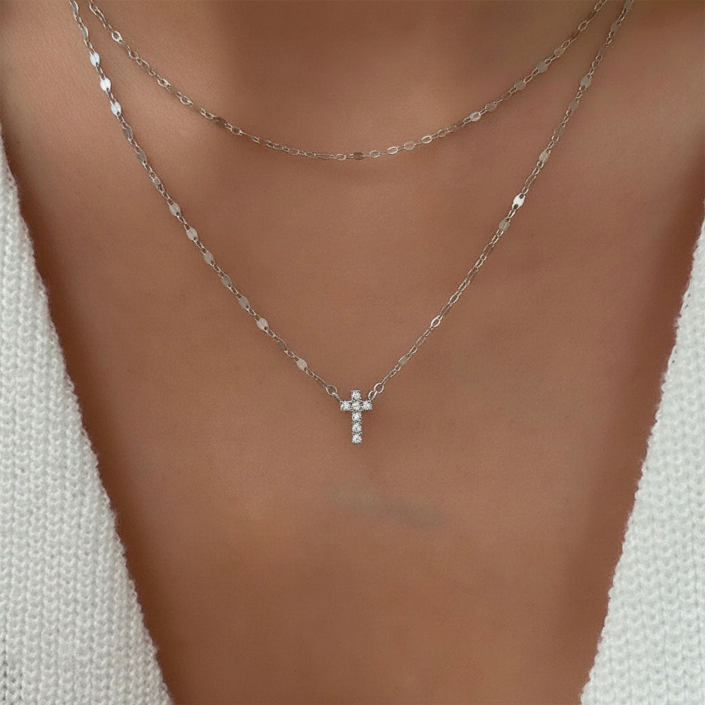 Diamond Cross Layered Necklace - Silver