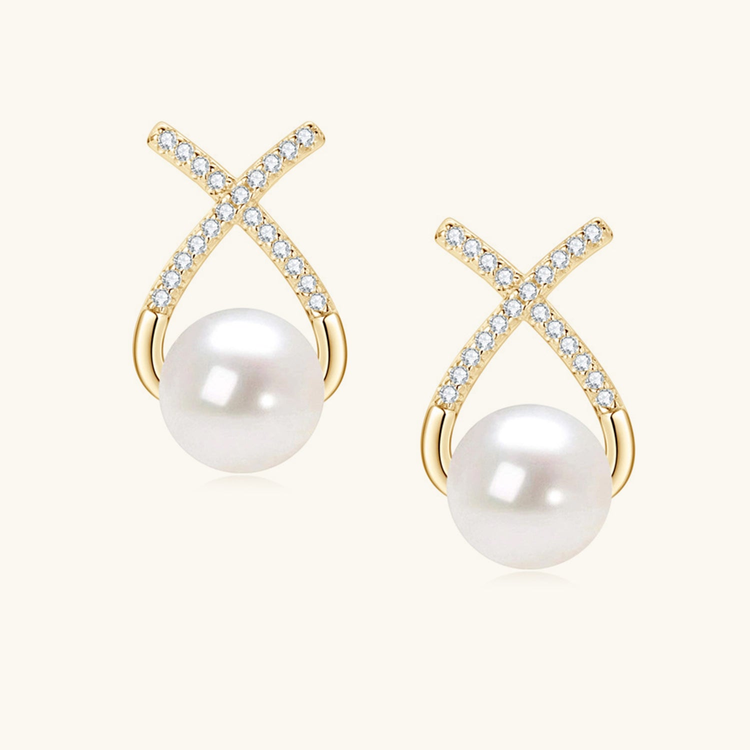 Diamond Crossover Freshwater Pearl Stud Earrings - Gold