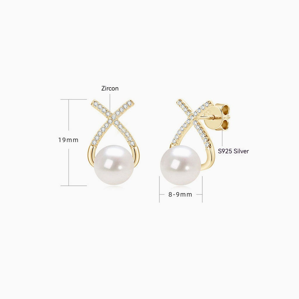 Diamond Crossover Freshwater Pearl Stud Earrings - Gold