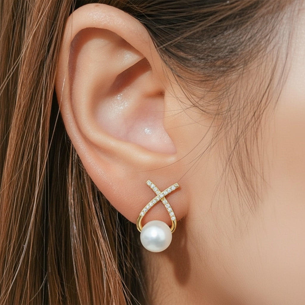 Diamond Crossover Freshwater Pearl Stud Earrings - Gold