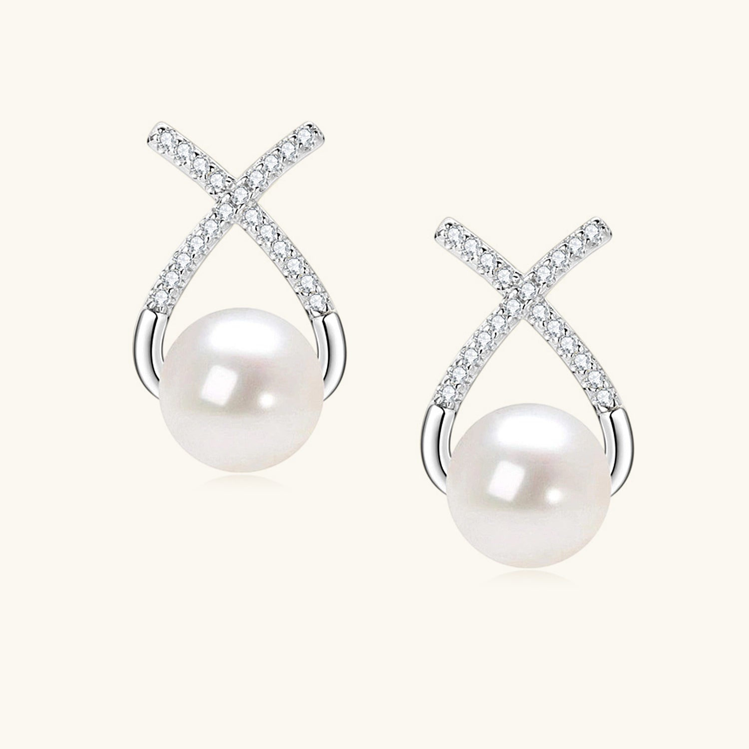 Diamond Crossover Freshwater Pearl Stud Earrings - Silver