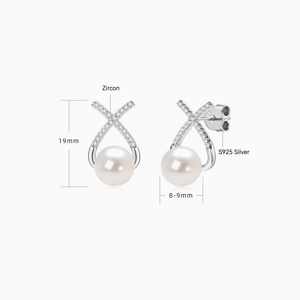 Diamond Crossover Freshwater Pearl Stud Earrings - Silver