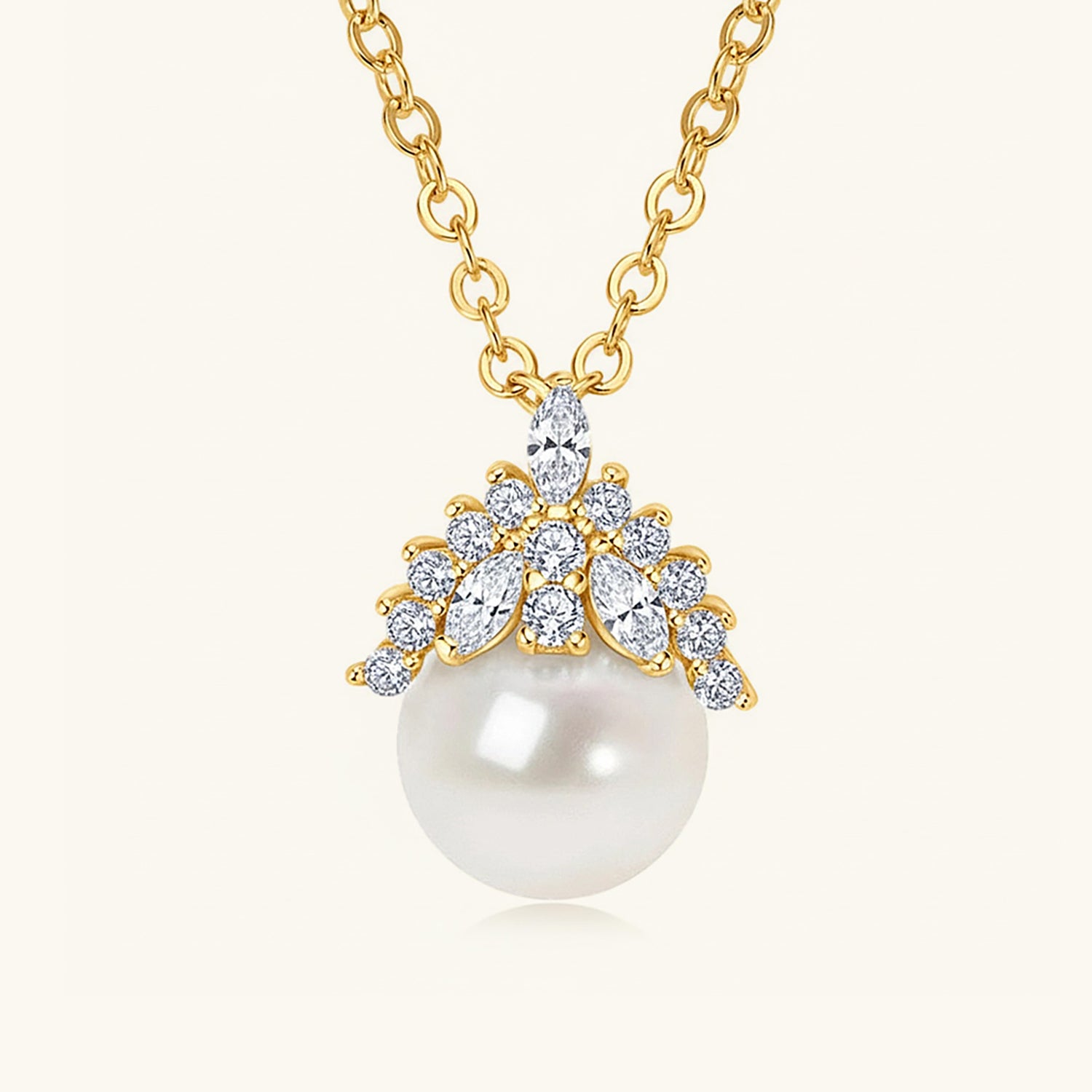 Diamond Crown Pearl Pendant Necklace - Gold