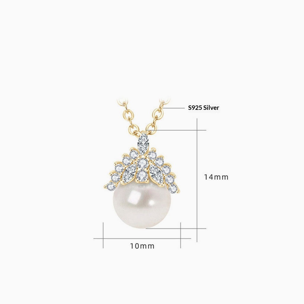 Diamond Crown Pearl Pendant Necklace - Gold