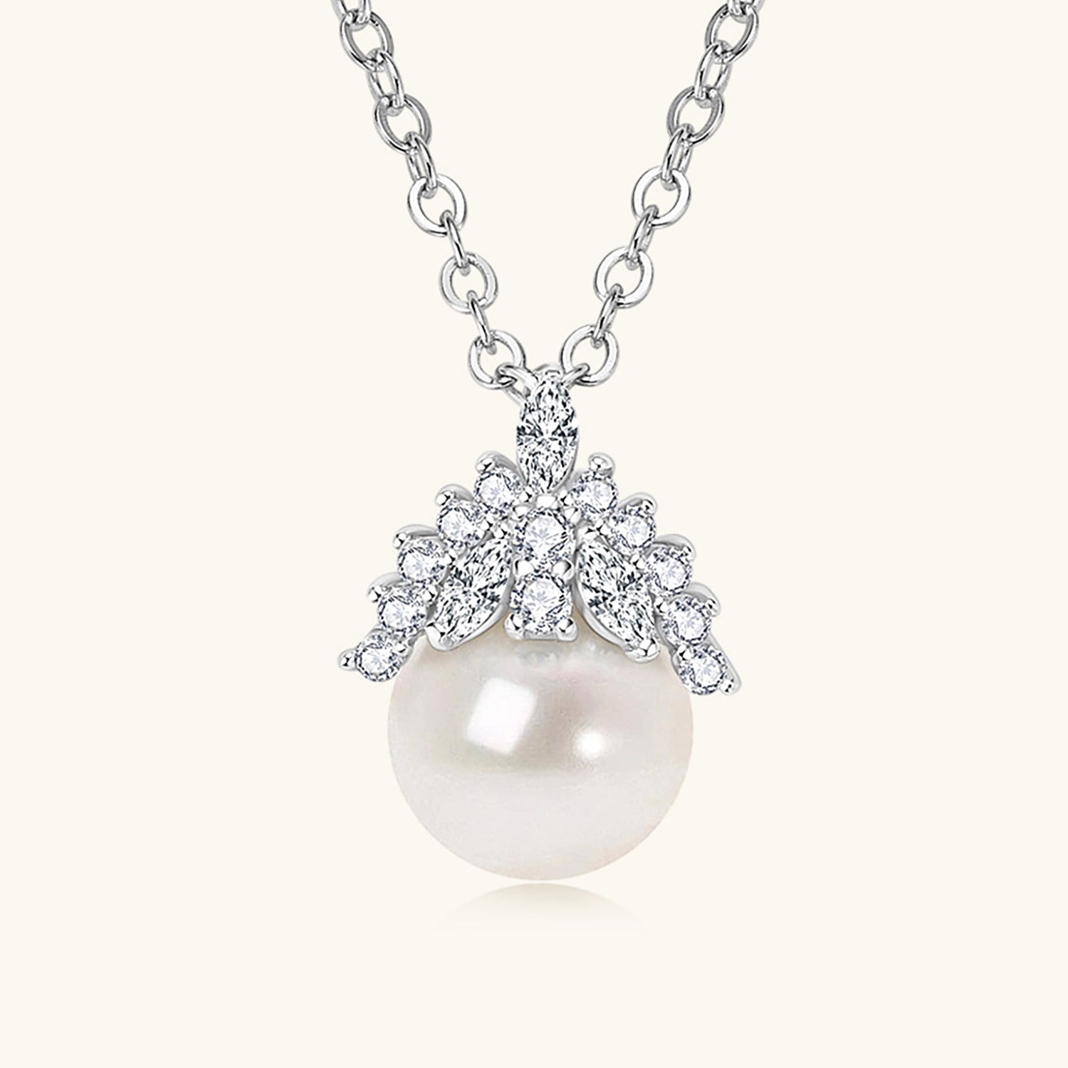 Diamond Crown Pearl Pendant Necklace - Silver