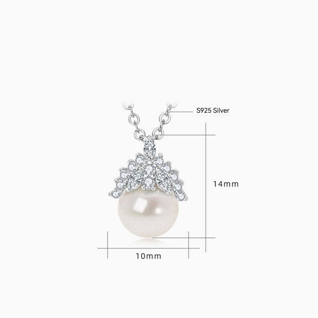 Diamond Crown Pearl Pendant Necklace - Silver