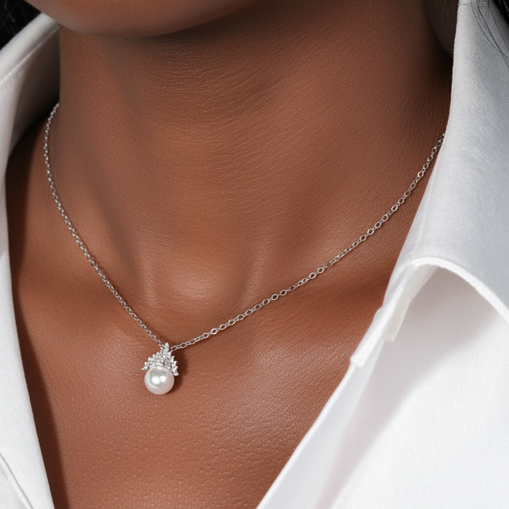 Diamond Crown Pearl Pendant Necklace - Silver