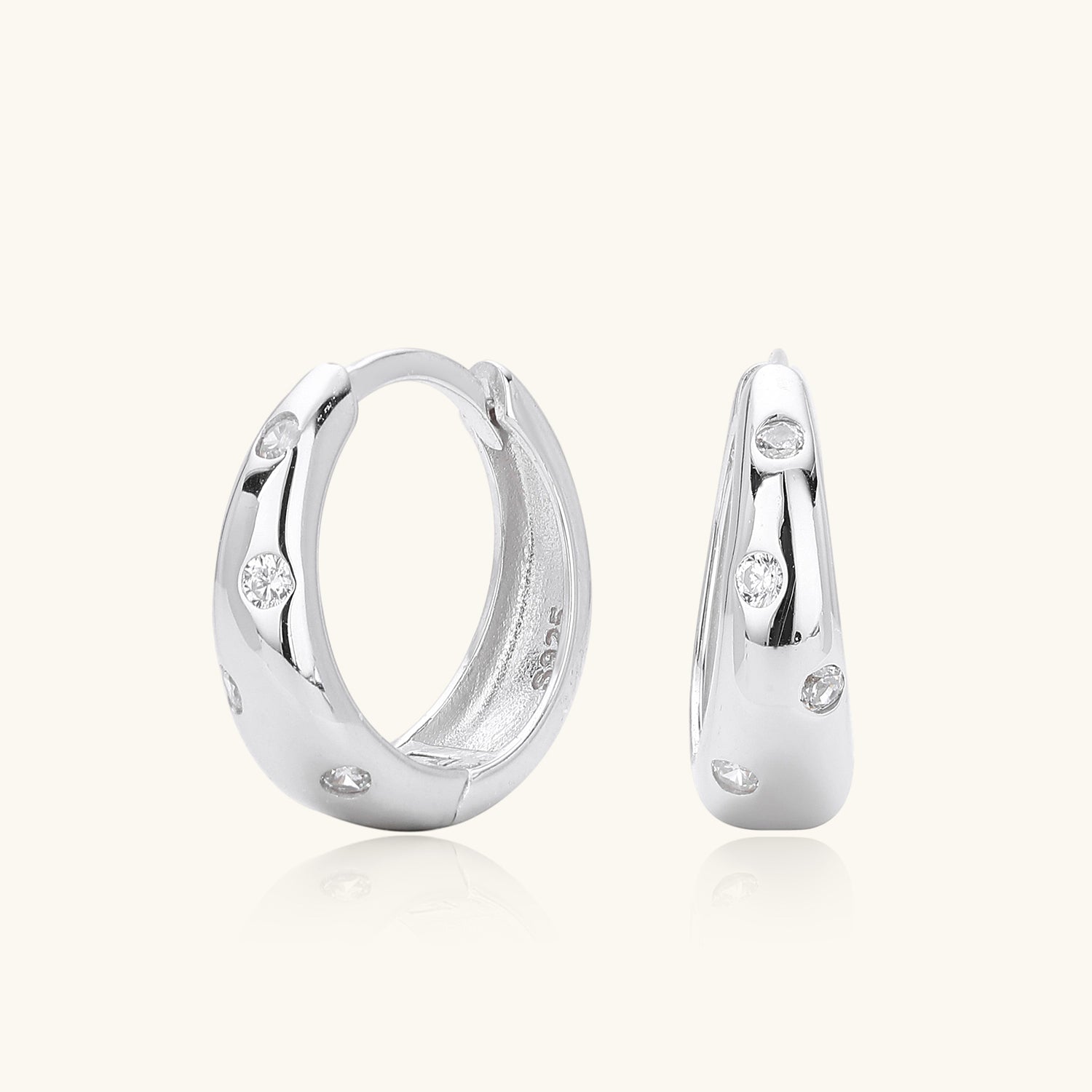Diamond Dome Huggie Hoop Earrings - Silver