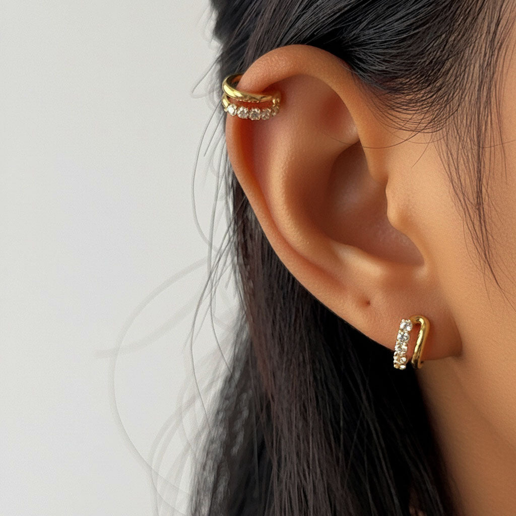 Diamond Double C Hoop Ear Cuff Earrings - Gold