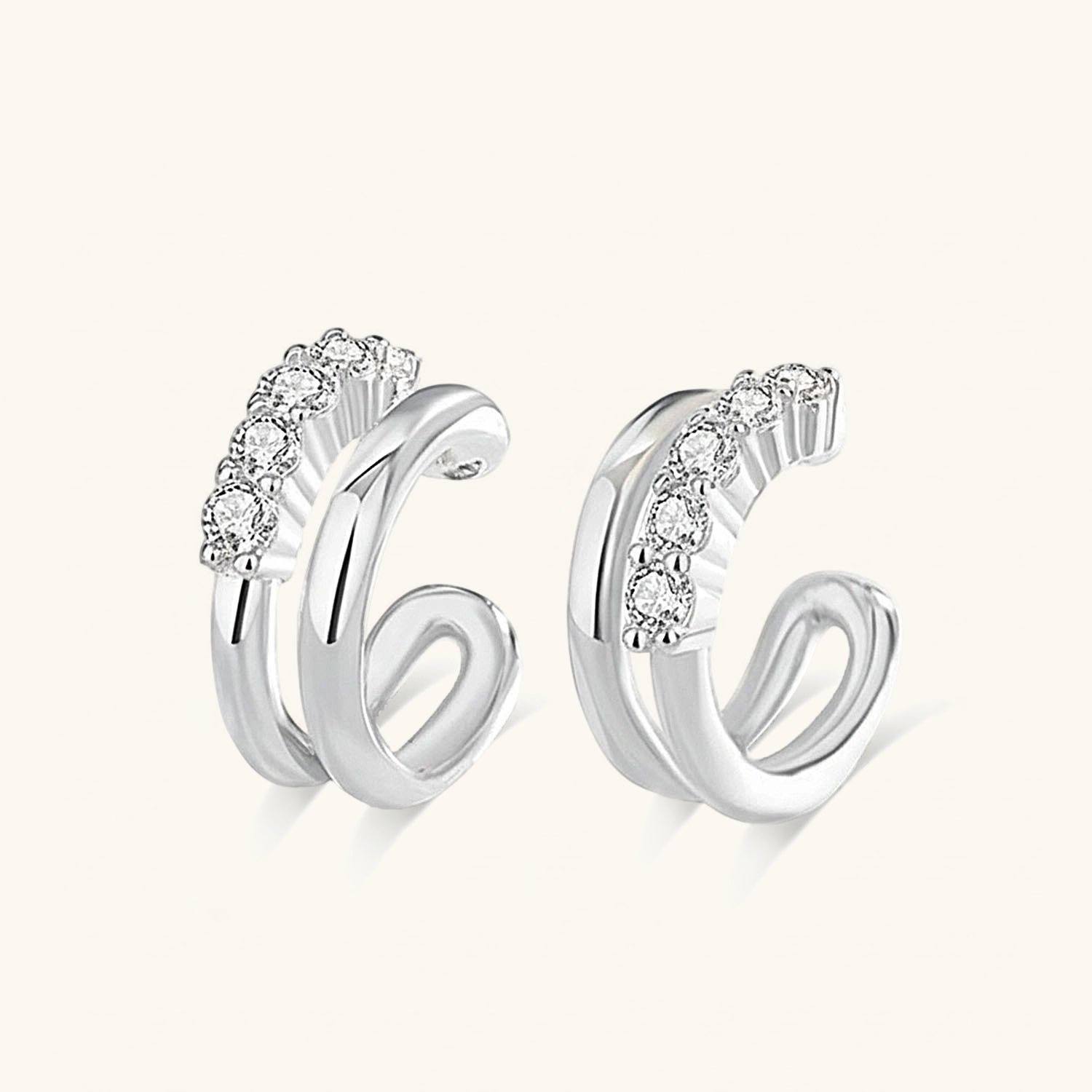 Diamond Double C Hoop Ear Cuff Earrings - Silver