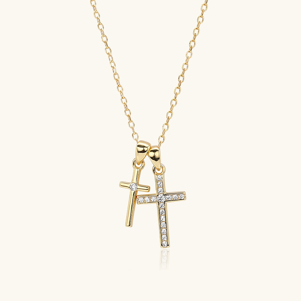 Diamond Double Cross Pendant Necklace - Gold