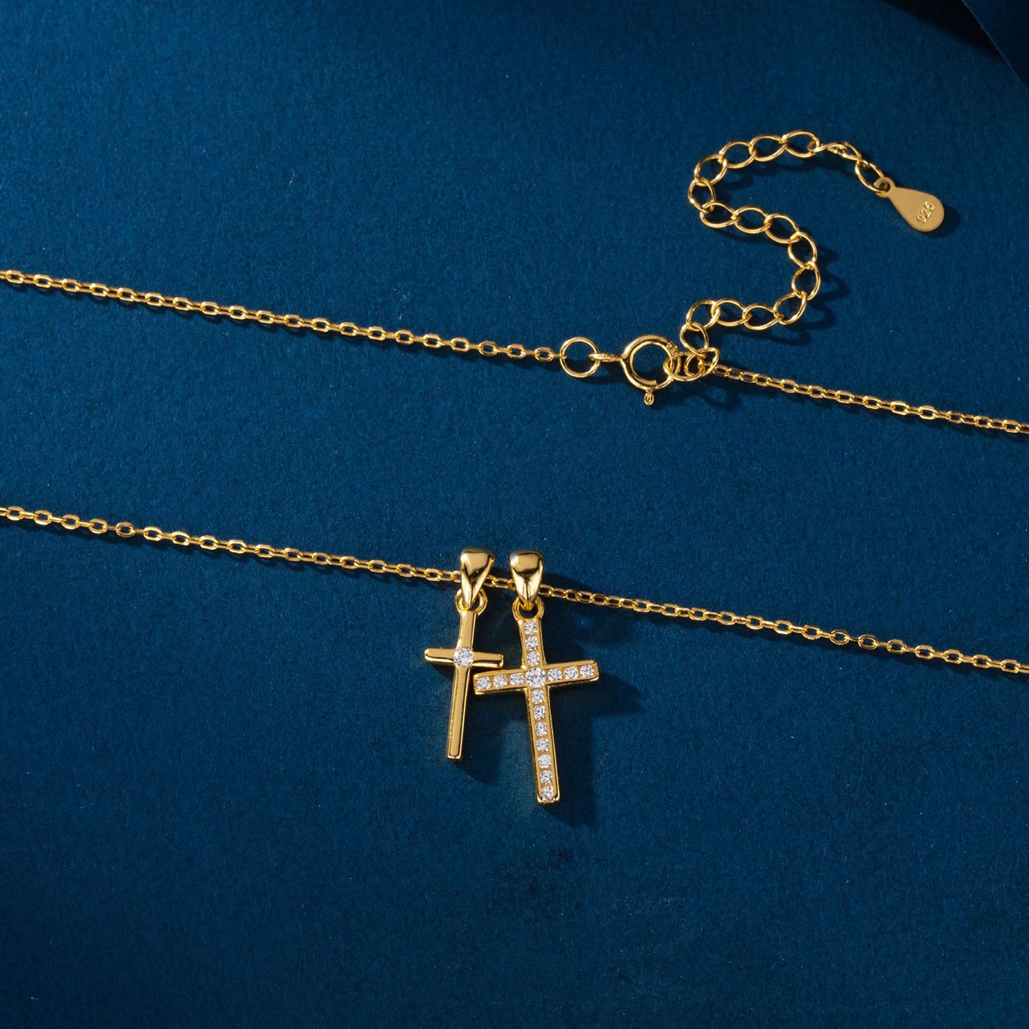 Diamond Double Cross Pendant Necklace - Gold
