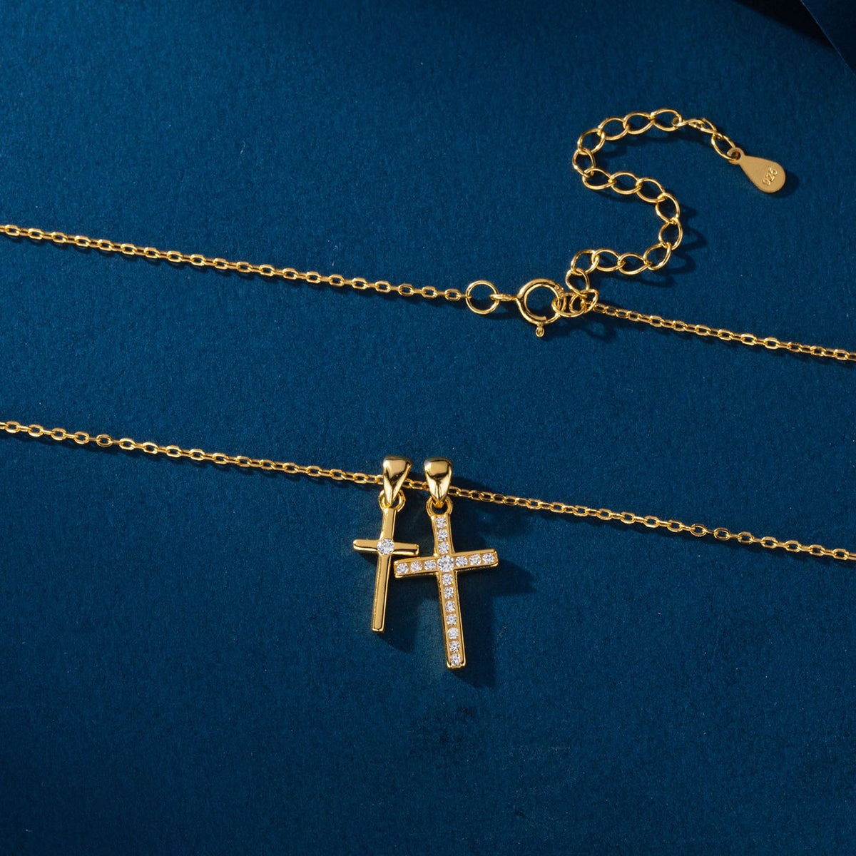 Simulated Diamond Double Cross Pendant Necklace - Gold