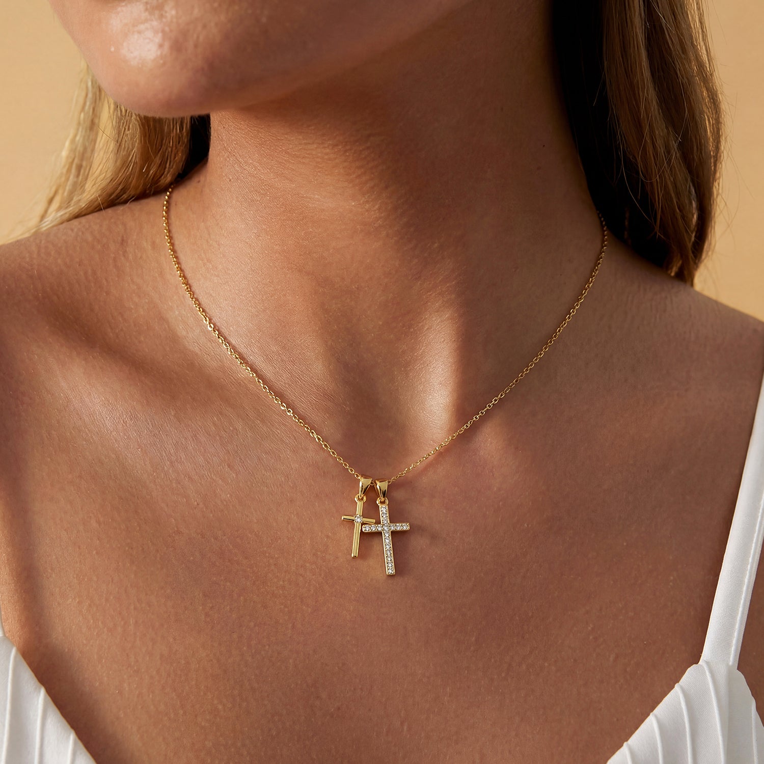 Diamond Double Cross Pendant Necklace - Gold