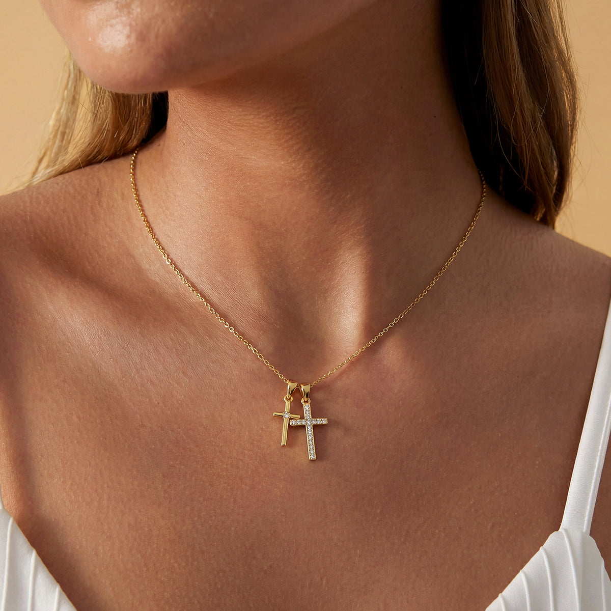 Simulated Diamond Double Cross Pendant Necklace - Gold