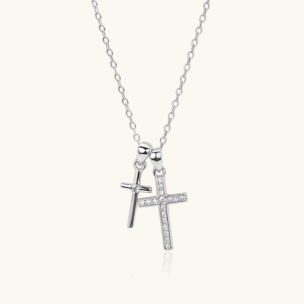 Diamond Double Cross Pendant Necklace - Silver