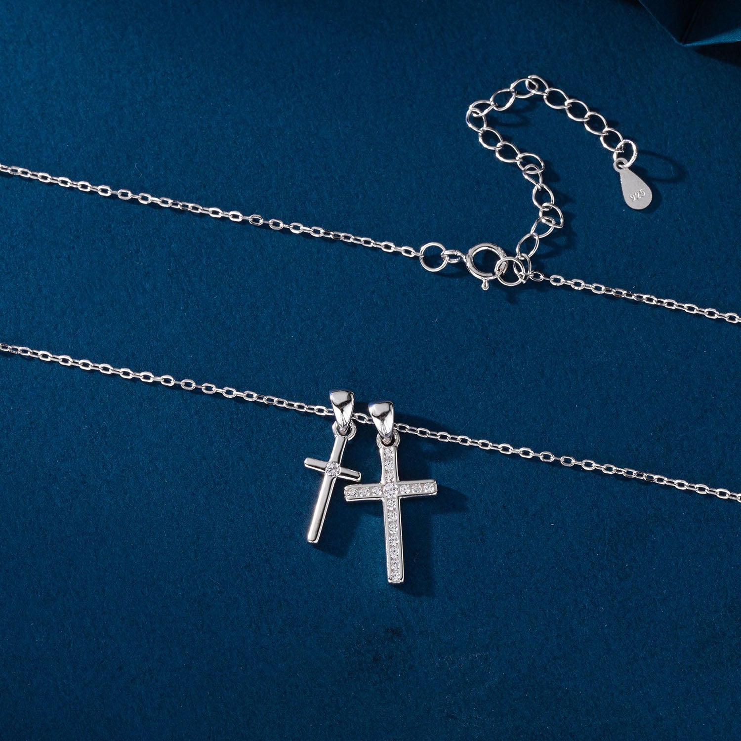 Diamond Double Cross Pendant Necklace - Silver