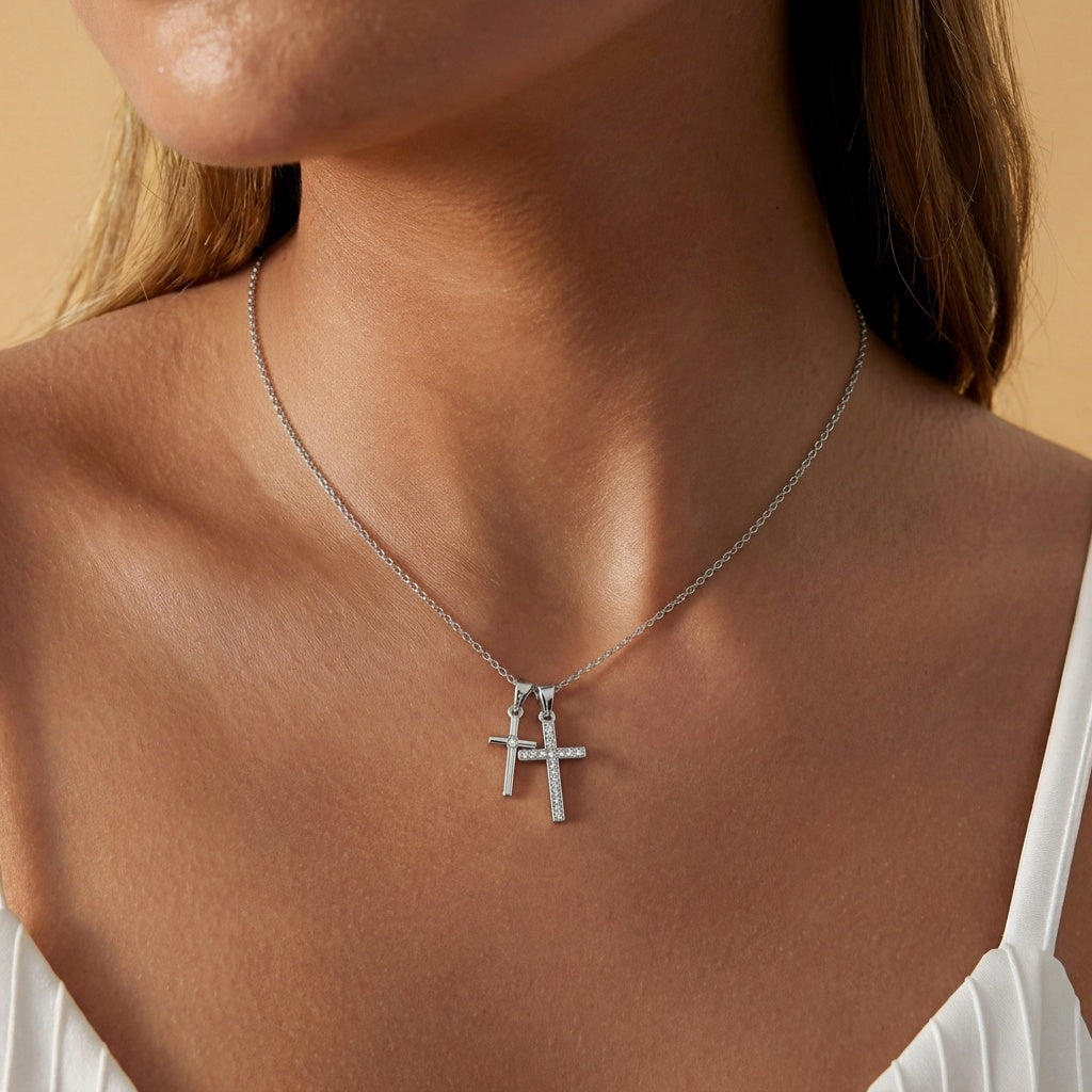 Diamond Double Cross Pendant Necklace - Silver