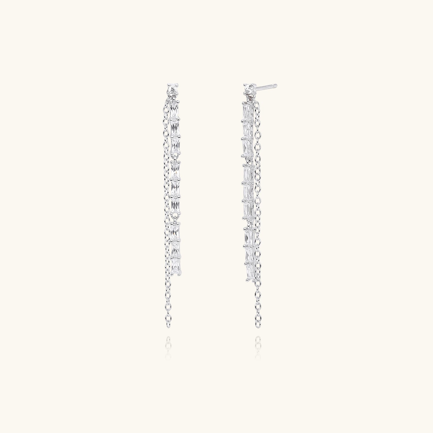 Diamond Double Linear Chain Drop Earrings - Silver