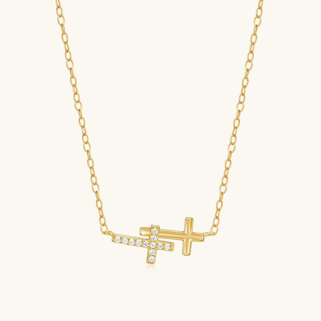 Diamond Double Sideways Cross Necklace - Gold
