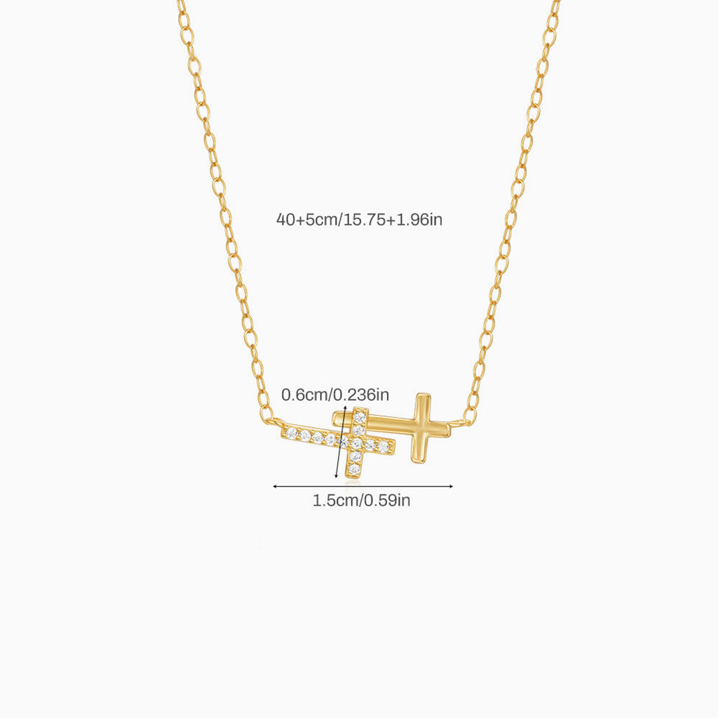 Diamond Double Sideways Cross Necklace - Gold