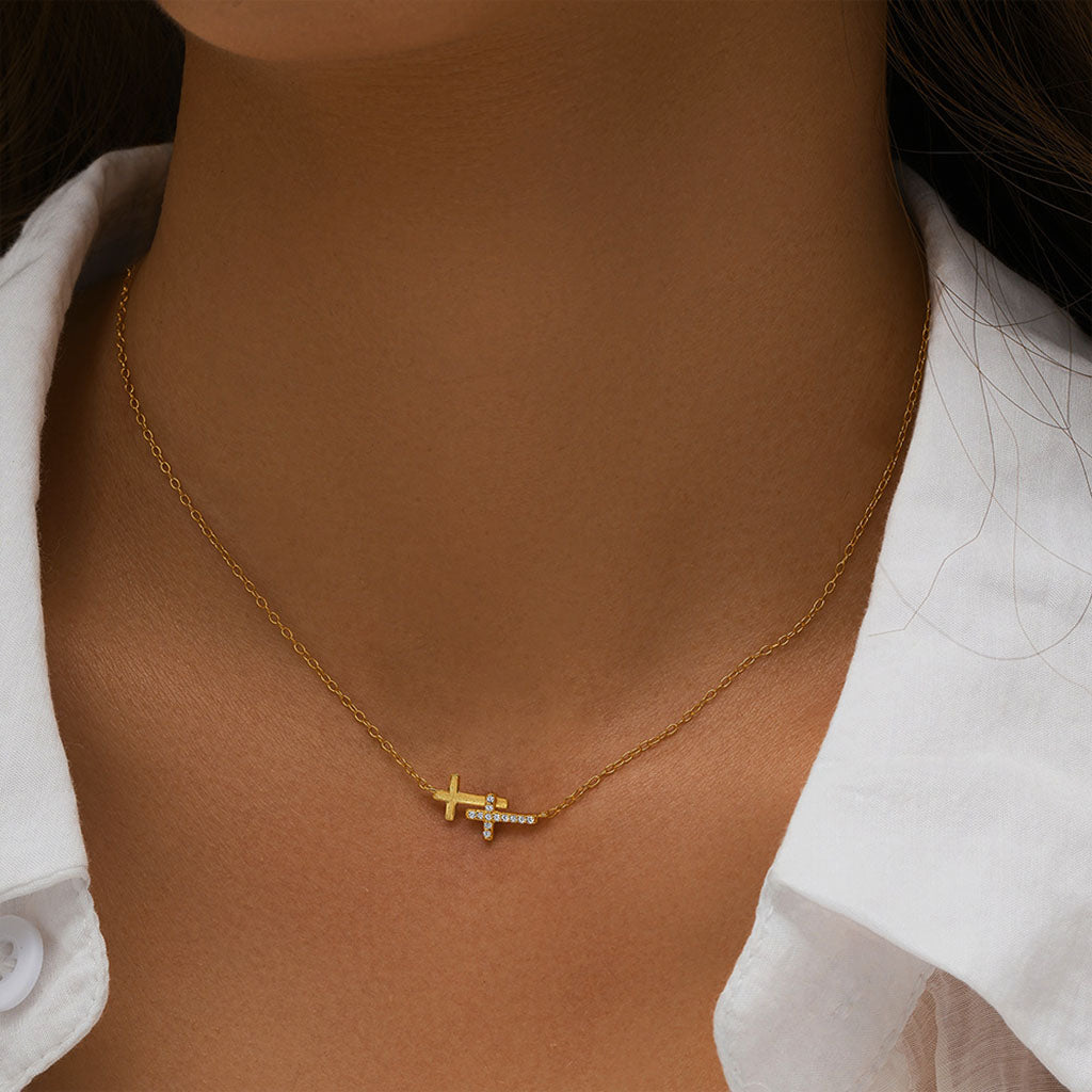 Diamond Double Sideways Cross Necklace - Gold