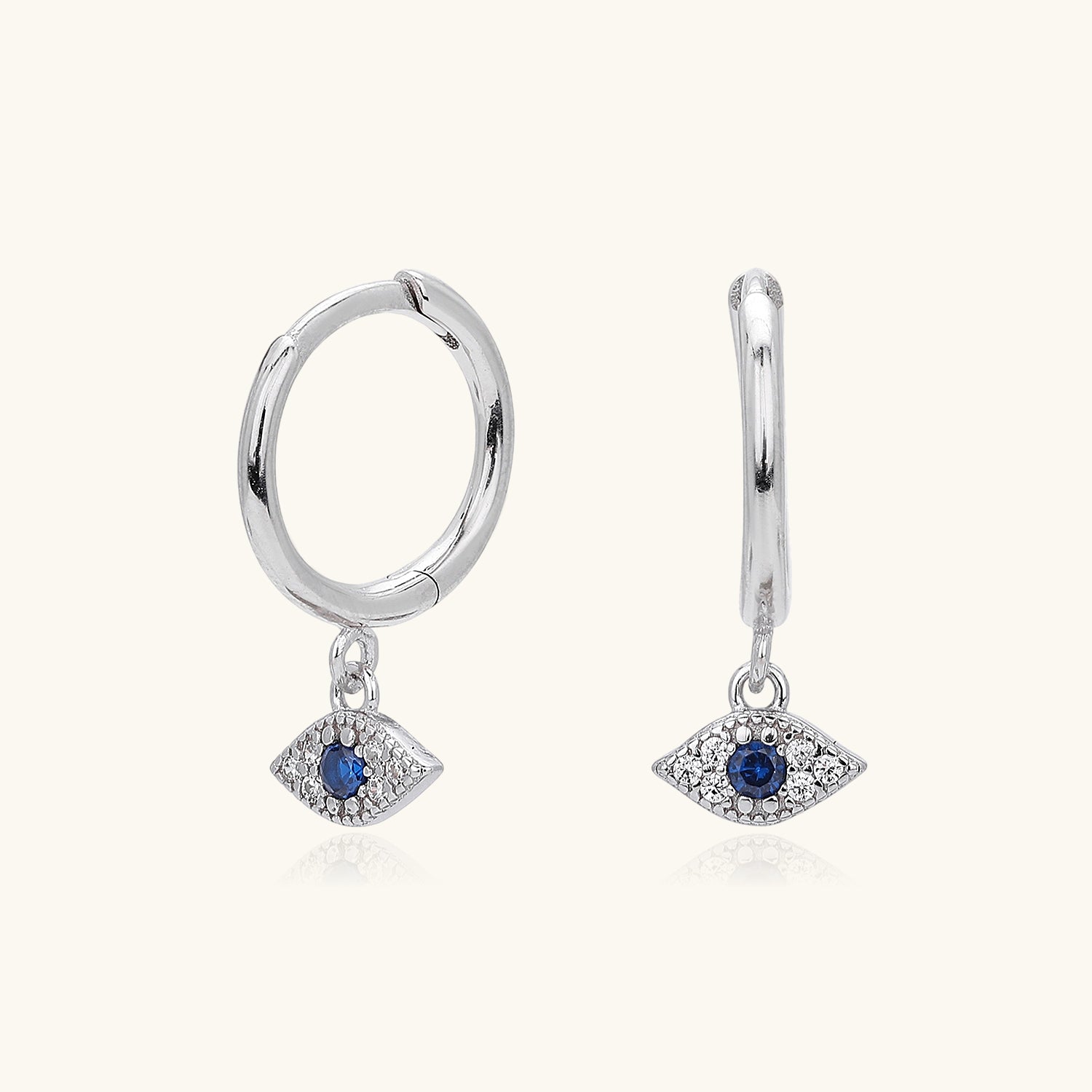 Diamond Evil Eye Drop Huggie Hoop Earrings - Silver