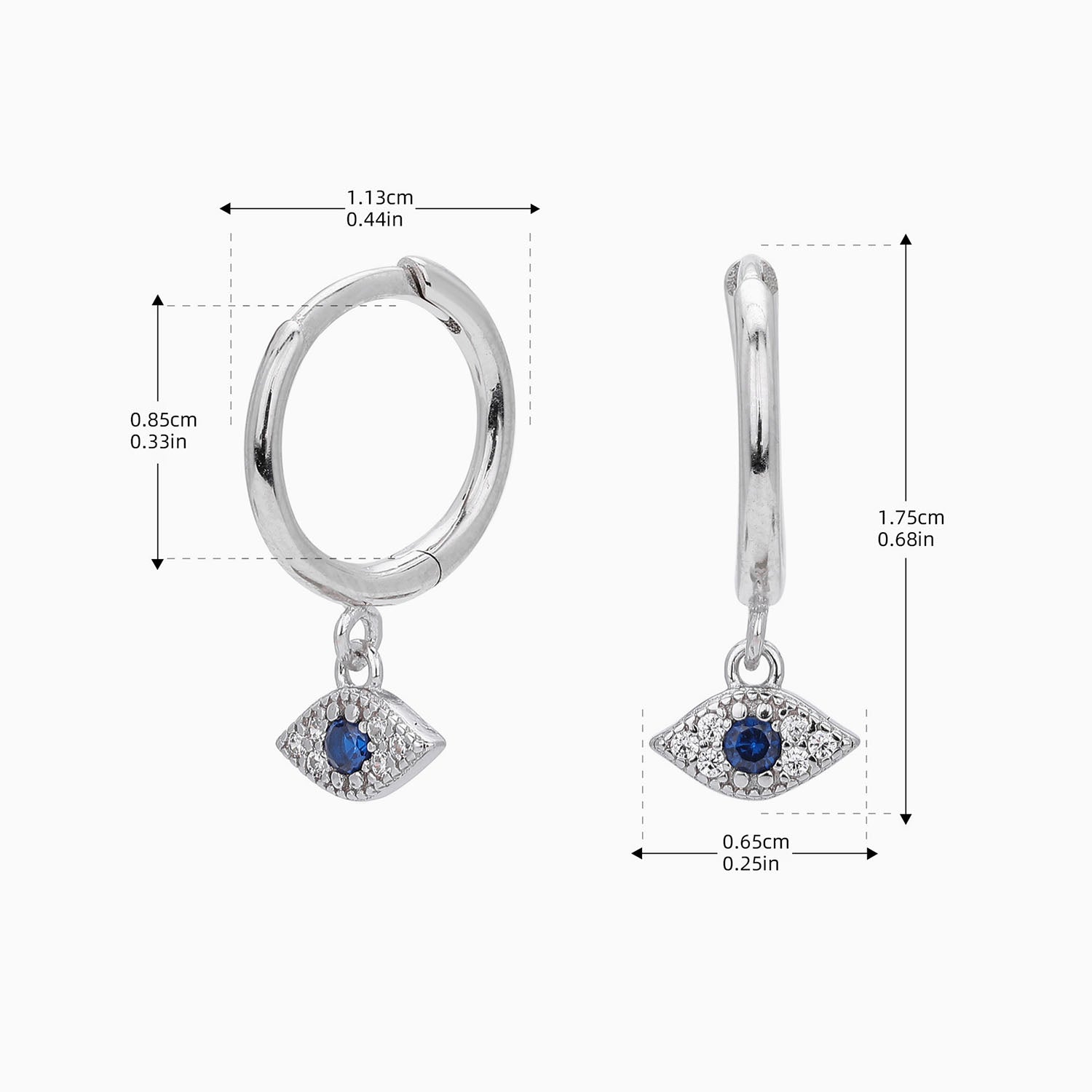 Diamond Evil Eye Drop Huggie Hoop Earrings - Silver
