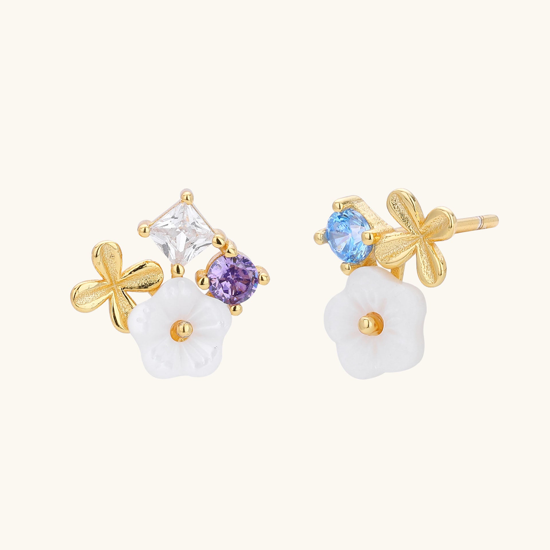 Diamond Flower Cluster Stud Earrings - Gold