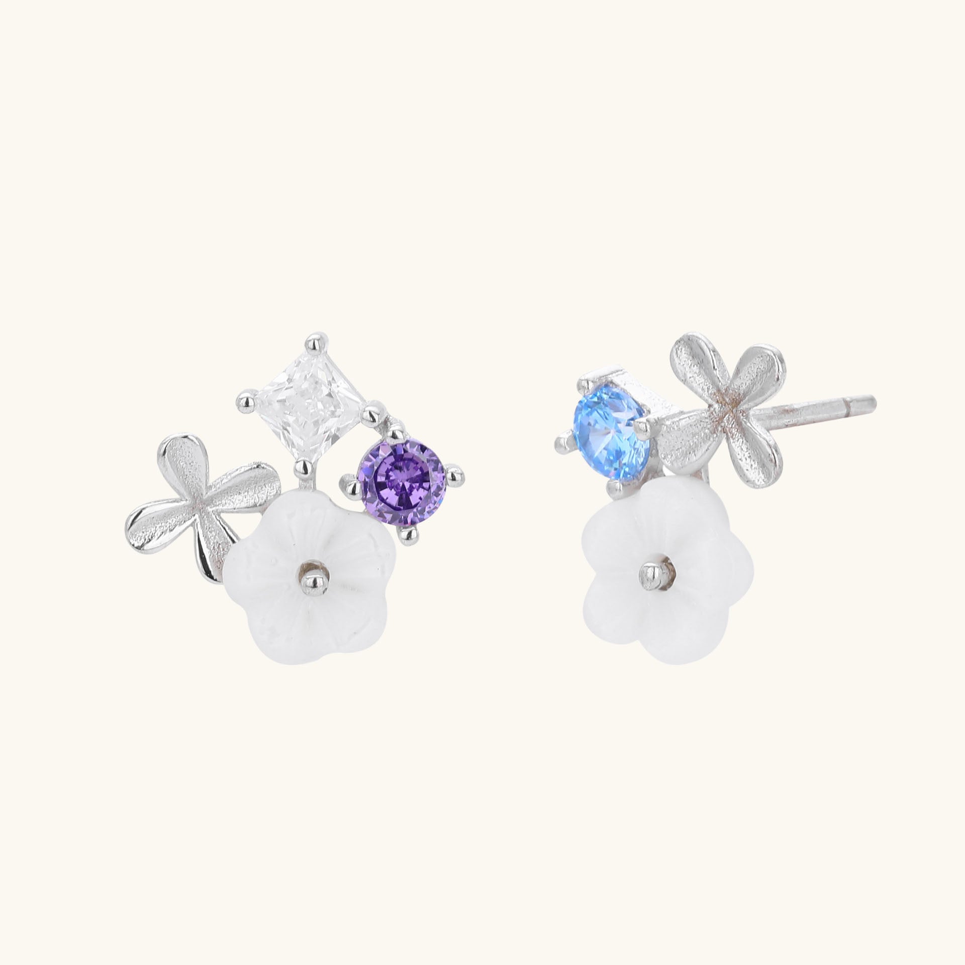 Diamond Flower Cluster Stud Earrings - Silver