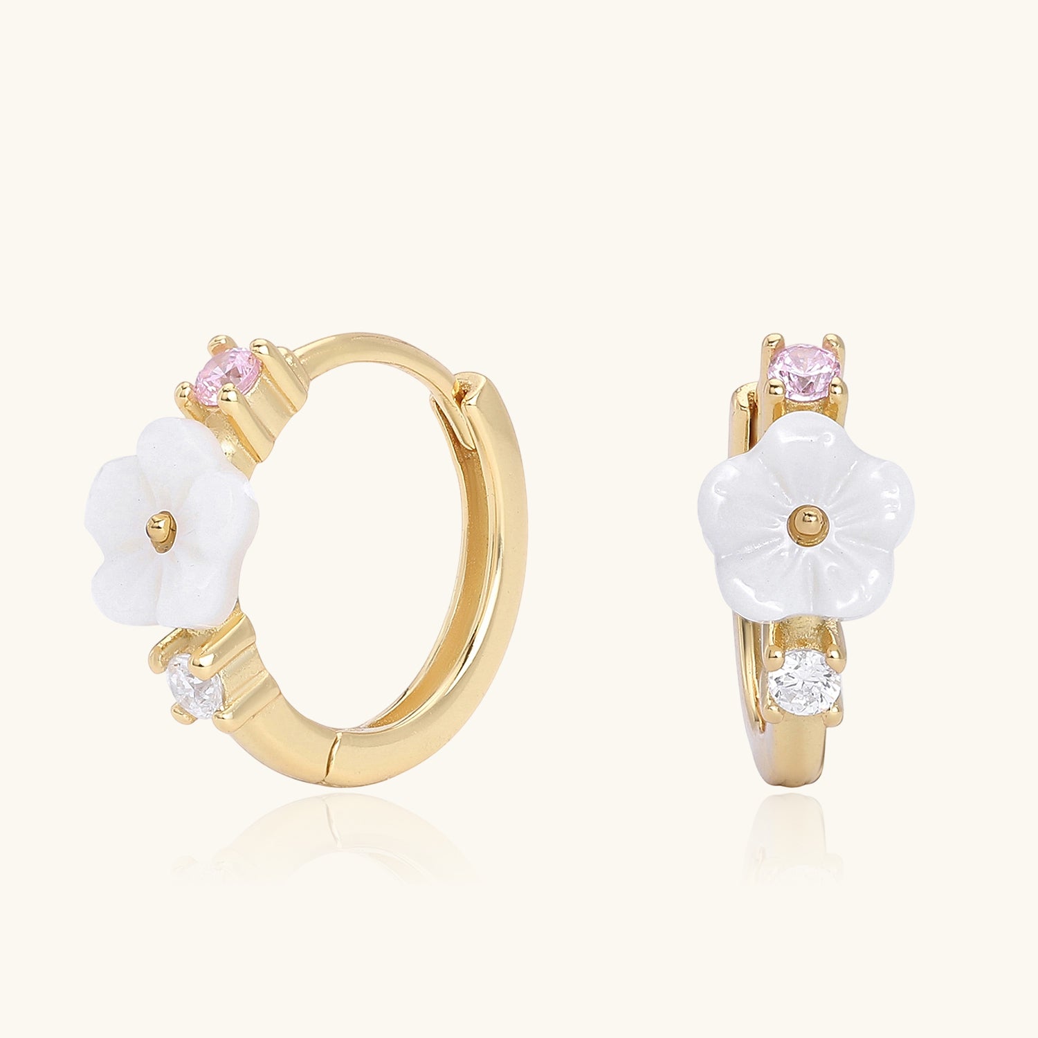 Diamond Flower Huggie Hoop Earrings - Gold