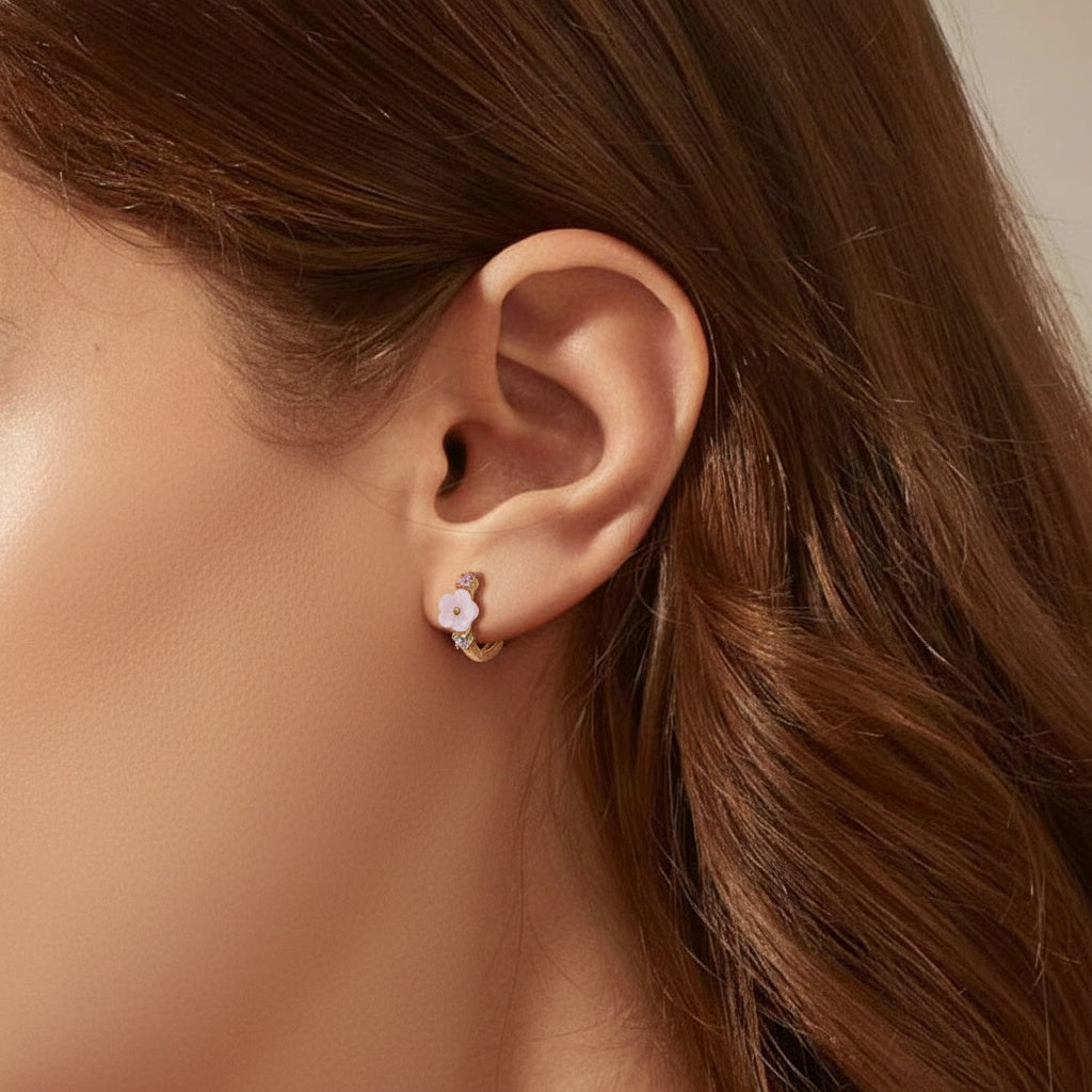 Diamond Flower Huggie Hoop Earrings - Gold